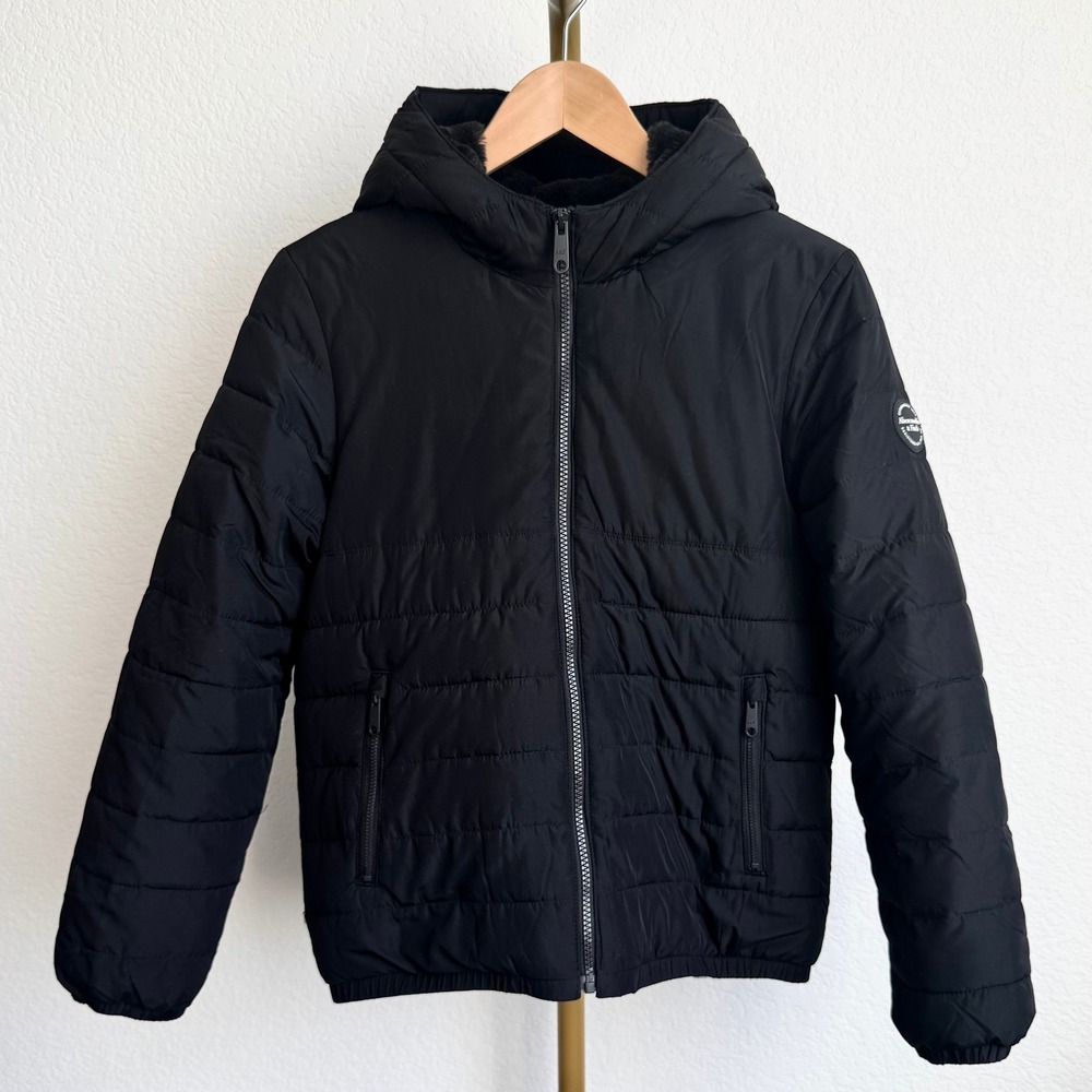 Black Puffer Faux Fur Lined Zip Up Jacket Hood Kids 11 12 Unisex Warm Outdoor